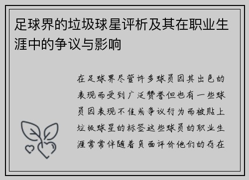 足球界的垃圾球星评析及其在职业生涯中的争议与影响